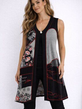 $160 Joseph Ribkoff Patchwork Long Vest Sleeveless Black Red Abstract Size 18